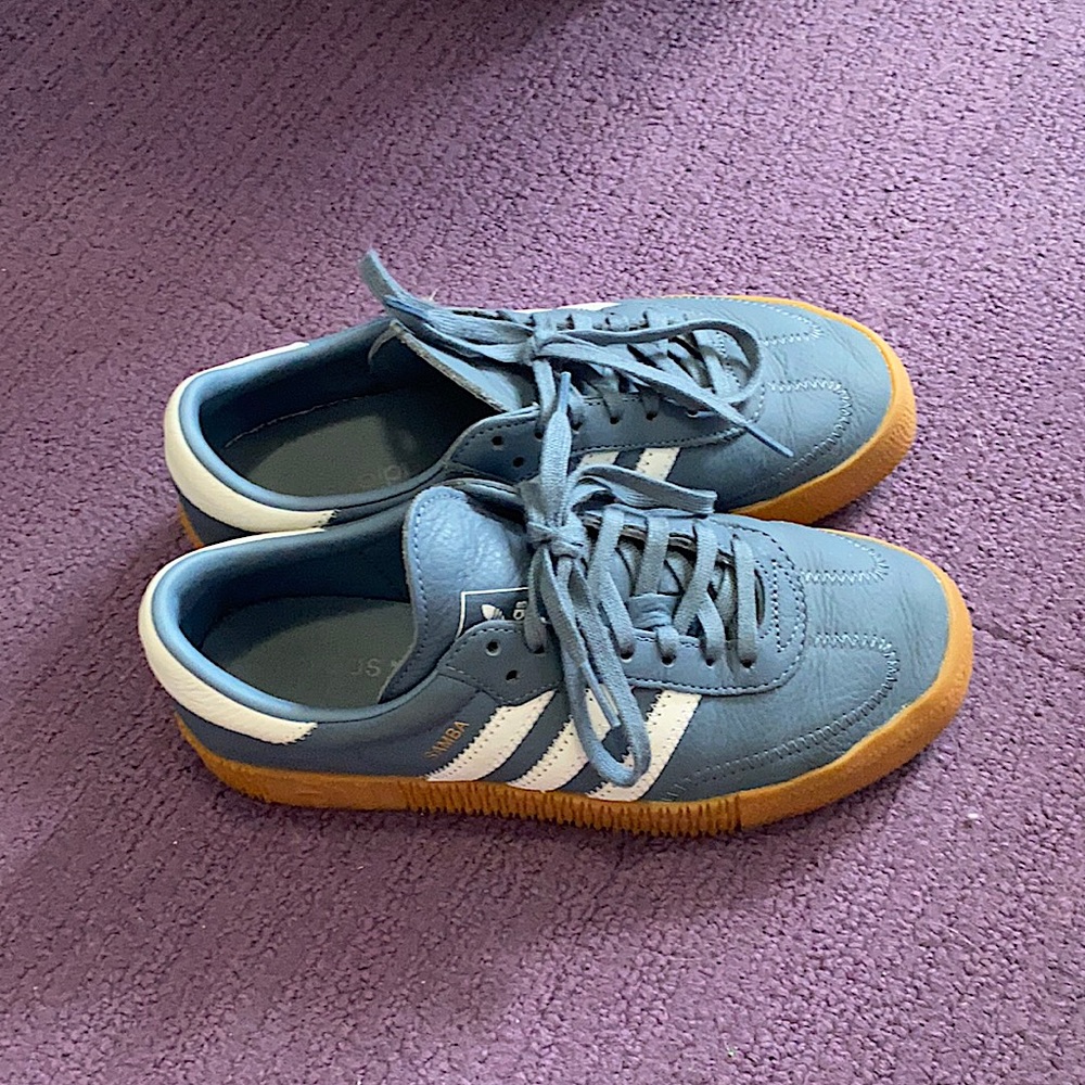 Blue and beige platform Adidas sambas.